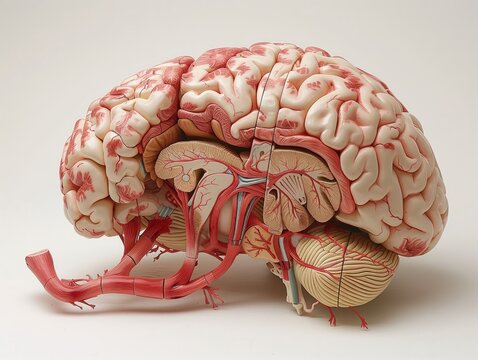 Anatomical model of the human brain highlighting its internal structures. Powered by AI