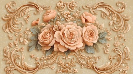 Elegant floral design featuring roses and decorative elements in soft peach tones.