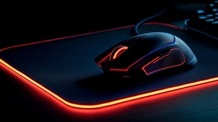 Obraz premium Professional mouse pad and gaming mouse with customizable lighting, set against a black backdrop for a clean, focused shot