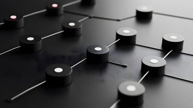 Close-up of interconnected black and white circular nodes on a sleek black surface.