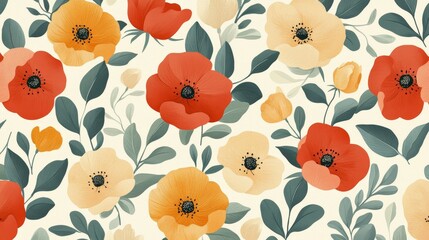 A floral pattern featuring vibrant flowers and leaves on a light background.