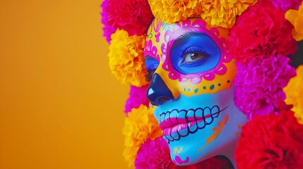 Vibrant day of the dead celebration a colorful portrait of a woman embracing cultural heritage with floral elements and festive makeup