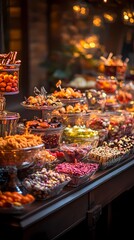 A vibrant assortment of sweets and snacks beautifully arranged on a banquet table.