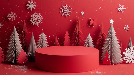 Festive Christmas Day podium with red backdrop and decorative paper trees and snowflakes