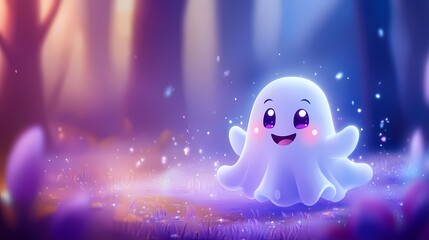 A cheerful cute ghost character smiling in a magical forest setting.