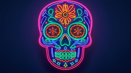 Vibrant neon skull art with floral design perfect for celebrating día de los muertos and other festive occasions