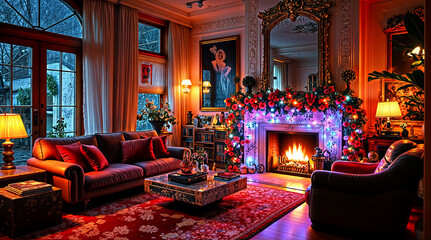 Victorian Brownstone Living Room with Vibrant Christmas Lights