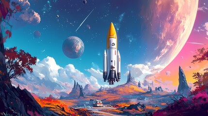 A futuristic rocket launches into a vibrant cosmic landscape at dusk.