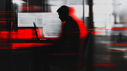 Silhouette of Hacker in Red Light, Cybersecurity Threat