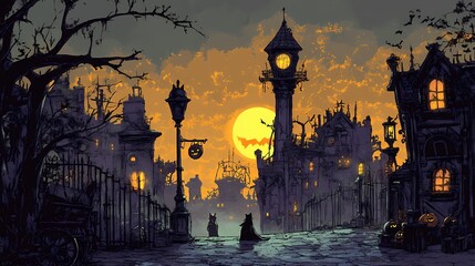 A dark, whimsical street scene with a silhouetted couple near Halloween decorations.