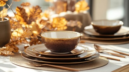 Fototapeta premium Elegant tableware in gold and brown tones, arranged on a Thanksgiving table with autumn leaves as decoration