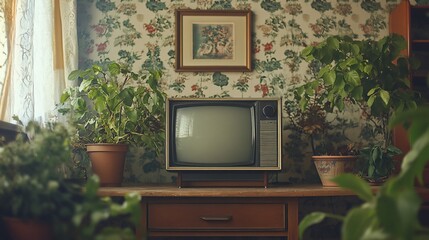 Retro television set in a room with houseplants.