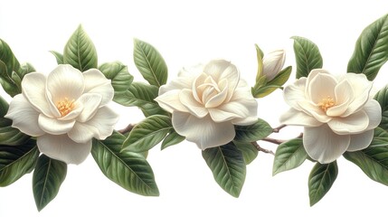 Naklejka premium A delicate arrangement of white magnolia flowers and green leaves.