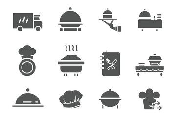 Catering web icon set. Fork, spoon, knife, plate, chef hat, and cloche or tray icon. Cutlery icon set in line and flat style. Dinnerware and restaurant icon symbol. Thin line vector illusration