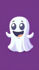Fototapeta premium Cute cartoon ghost with big eyes, smiling against a purple background.