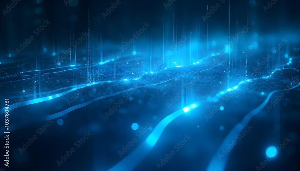 Fototapete 3d graphics with glowing particles and undulating terrain, glowing blue lines and particles. abstrac