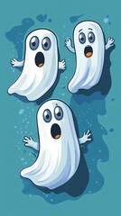 Three cartoon ghosts with surprised expressions on a blue background.
