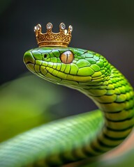Obraz premium Very venomous green snake with crown on its head