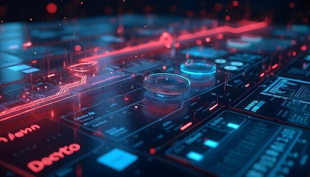 A future digital dashboard, complex data visualization, area maps and flowcharts, holographic displays,