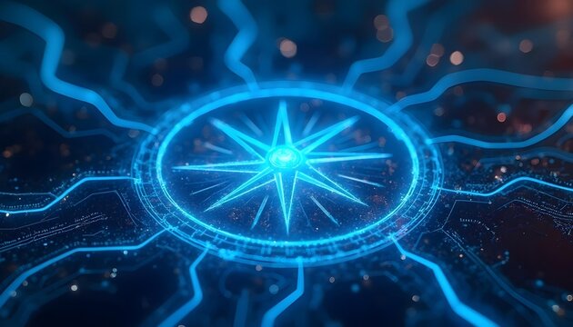 A detailed glowing holographic image with a blue compass, blurred blue background,