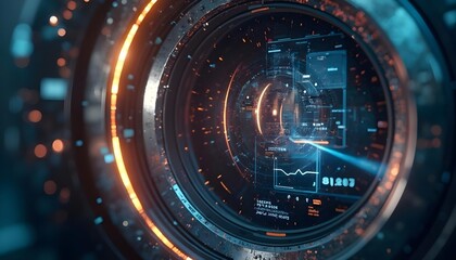 A futuristic camera lens with multi-layered luminescence and circular display View digital elements and data visualization,