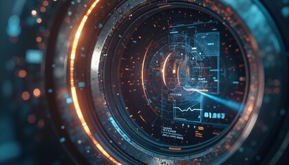 A futuristic camera lens with multi-layered luminescence and circular display View digital elements and data visualization,
