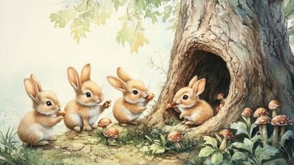 Fototapeta premium A group of rabbits in a tree hole