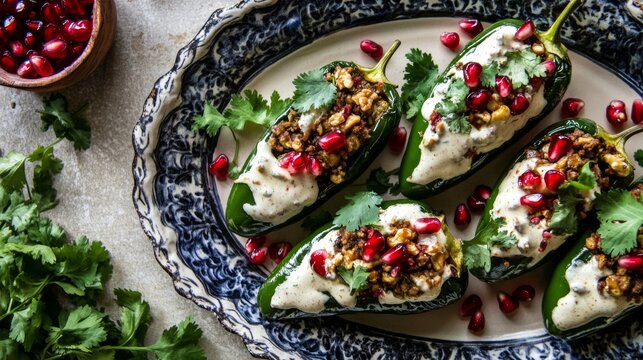 A savory platter of Mexican chiles en nogada, roasted poblano peppers stuffed with picadillo and topped with walnut cream sauce and pomegranate seeds, Chiles en nogada platter centered