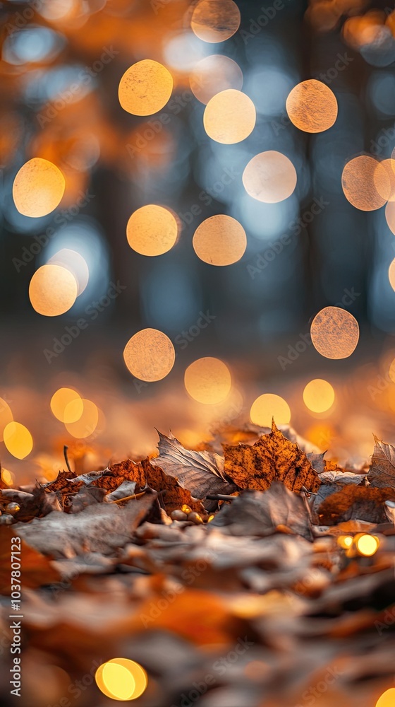 Wall mural a serene autumn scene with shimmering bokeh lights and fallen leaves, creating a warm and enchanting