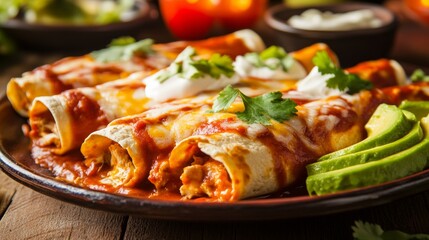 A savory platter of Mexican enchiladas, rolled corn tortillas filled with chicken and cheese, topped with red chili sauce and melted cheese