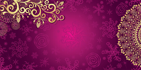 Vector vintage christmas frame with hand drown golden mandala and flowers on a purple gradient background