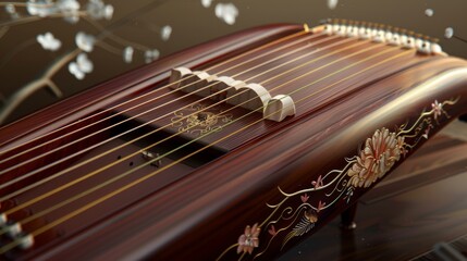 Elegant Guzheng on Clean Background with Floral Accents
