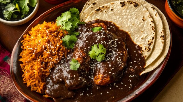 A savory platter of Mexican mole poblano, tender chicken smothered in rich, dark mole sauce