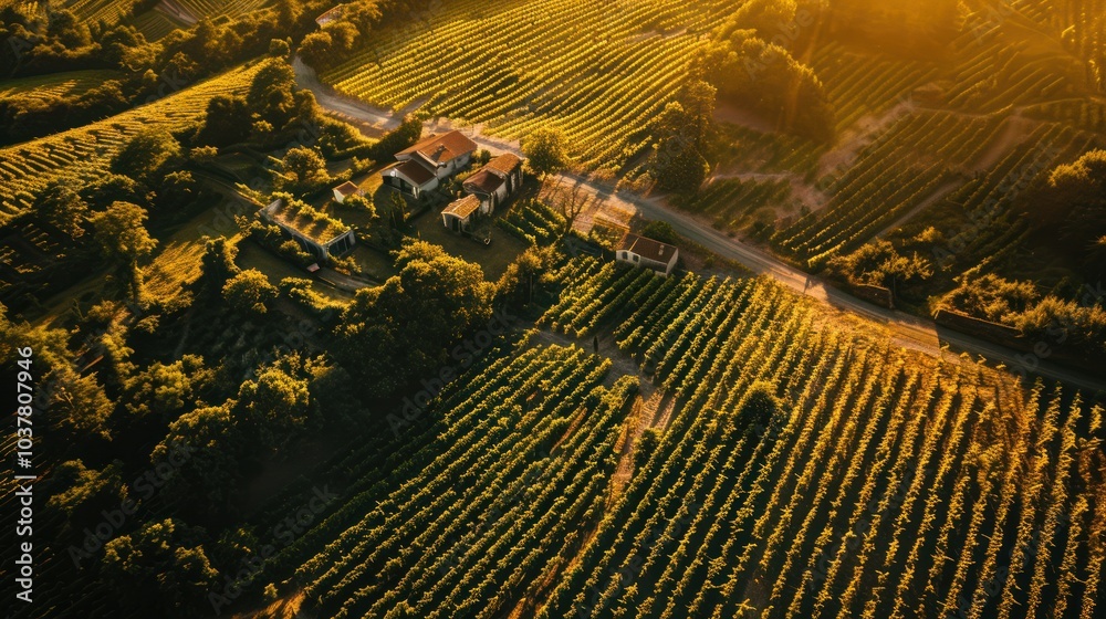 Poster Aerial View of Vineyard Rows at Sunset