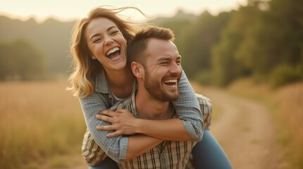 Fototapeta premium Happy Caucasian Couple Having Fun Outdoors, Man Carrying Woman and Laughing Together