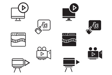 Video player Music Sound icon set. Vector illustration of play or start button, pause or stop, media, camera, live, cinema, multimedia, film, handycam, clapperboard, movie, streaming or online video.