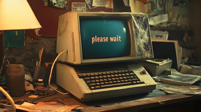 old computer on desk with cobwebs and "please wait" on screen.