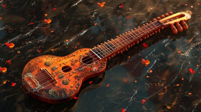 Sarod on Clean Background with Floral Accents