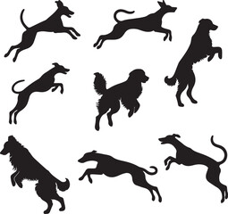 silhouette of dogs jumping collection vector art illustration.
