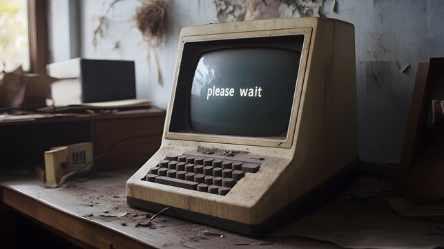 old computer on desk with cobwebs and "please wait" on screen.