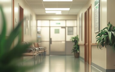 A subtle representation of a doctor's office within a hospital clinic, rendered with a defocused background to highlight the space's inviting