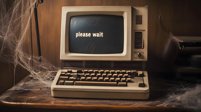 old computer on desk with cobwebs and "please wait" on screen.