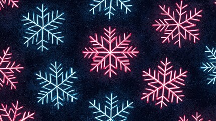 A vibrant pattern of pink and blue snowflakes against a dark background, creating a festive and wintery atmosphere.