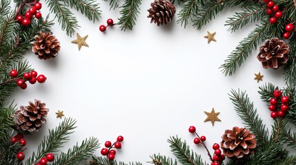 Christmas themed blank letter card frame, decorated with cypress trees and stars on the edges, paired with red holly berries. Vintage style illustrations create a festive and elegant atmosphere