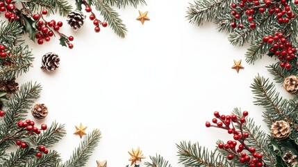 Christmas themed blank letter card frame, decorated with cypress trees and stars on the edges, paired with red holly berries. Vintage style illustrations create a festive and elegant atmosphere