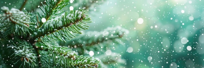 Snow-covered fir tree branches against a winter landscape. Christmas background with copyspace for greetings.