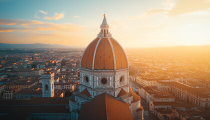 Fototapeta premium Aerial view of Florence Cathedral at sunset with golden light illuminating the dome.