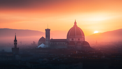 Silhouetted dome and tower at sunset, vibrant sky, serene landscape.