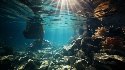 Obraz premium A rocky underwater scene with a bright sun shining through the water