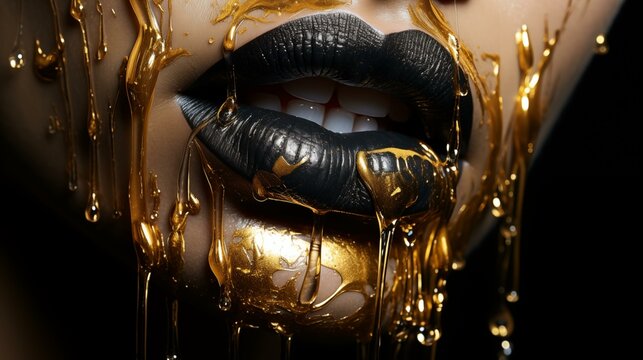 A woman's face is covered in gold and black paint